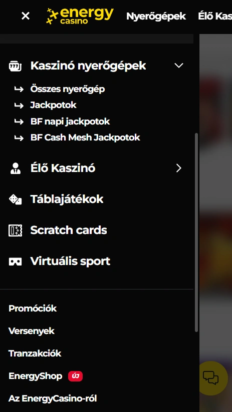Energy Casino Mobil menu